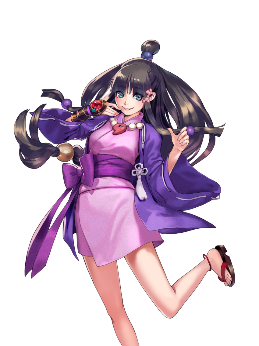 1girl ace_attorney anklet blue_eyes bracer brown_hair capcom feet female_focus flower geta hair_flower hair_ornament haori highres japanese_clothes jewelry kimono long_hair low-tied_long_hair magatama maya_fey necklace official_art onimusha_soul sandals sash short_kimono simple_background smile solo temoshi topknot very_long_hair white_background