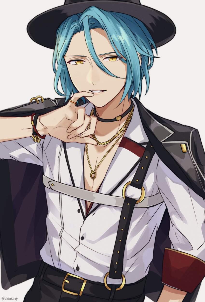 1boy arm_at_side bishounen black_hat black_jacket black_pants blue_hair bracelet buttons cowboy_shot curtained_hair ensemble_stars! finger_to_mouth hair_between_eyes half-closed_eyes hand_up hat highres himeru_(ensemble_stars!) jacket jacket_on_shoulders jewelry lapels looking_at_viewer male_focus necklace pants parted_lips pectoral_cleavage pectorals shirt short_hair simple_background three-quarter_sleeves solo suspenders v1030s024 white_background white_shirt yellow_eyes