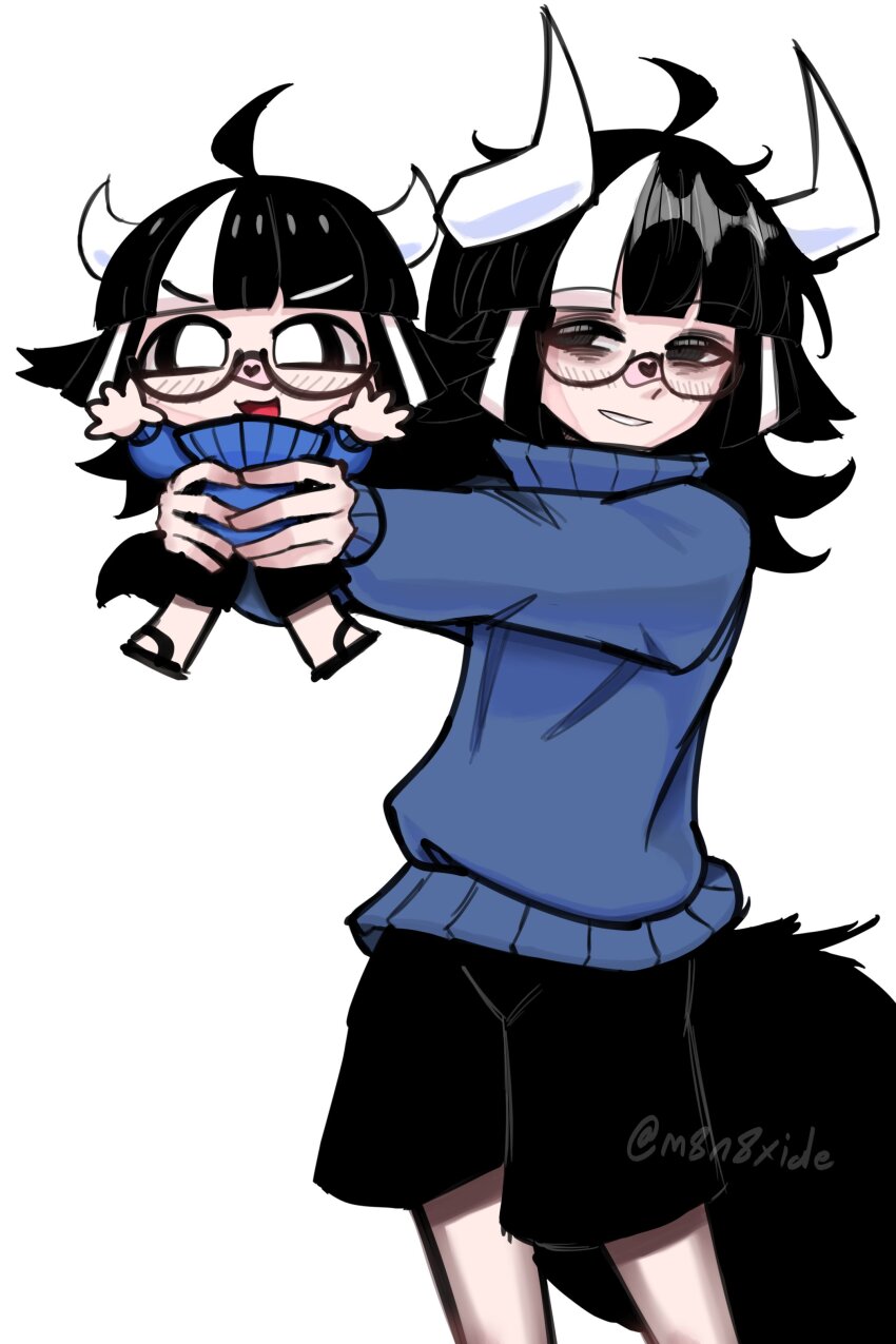 2girls absurdres ahoge arms_up bags_under_eyes bandaid bandaid_on_face bandaid_on_nose black-framed_eyewear black_eyes black_hair black_sandals black_shorts black_tail blue_sweater chibi happy highres holding horns light_blush looking_at_another looking_at_viewer looking_to_the_side m8n8xide medium_hair messy_hair mini_person minigirl mismatched_eyebrows multicolored_hair multiple_girls open_mouth original pink_bandaid sandals semi-rimless_eyewear shorts signature smile streaked_hair sweater turtleneck turtleneck_sweater v-shaped_eyebrows white_background white_eyes white_hair white_horns