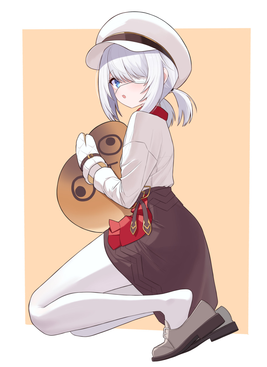 1girl absurdres bebetang black_survival blue_eyes bread brown_skirt chef eternal_return:_black_survival eyepatch food gloves grey_shoes hair_over_one_eye hat highres holding holding_food loafers long_sleeves looking_at_viewer looking_back medical_eyepatch medium_hair orange_background oven_mitts pantyhose shirt shoes short_twintails simple_background sissela_kyle skirt solo square twintails two-tone_background white_background white_hair white_pantyhose white_shirt