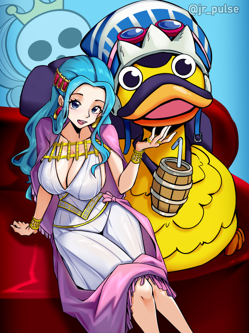 1girl absurdres arm_support bird blue_eyes blue_hair blue_hat bracelet breasts cleavage collarbone commentary dress drinking_straw earrings english_commentary feet_out_of_frame goggles goggles_on_headwear hair_ornament hat highres jewelry jolly_roger jrpulse karoo_(one_piece) large_breasts long_hair looking_at_viewer nefertari_vivi one_piece open_mouth parted_bangs sitting twitter_username white_dress