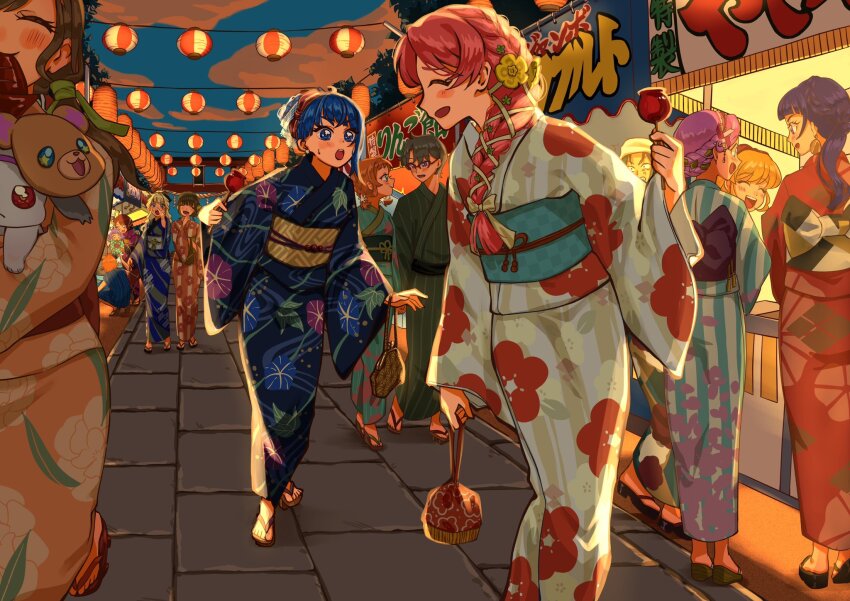 3boys animal asahina_mirai baby battamonda blunt_bangs blush braid carrying carrying_baby carrying_person daifuku_(precure) dating earrings ellee-chan facing_back festival floral_print floral_print_kimono flower geta glasses hair_bun hair_flower hair_ornament hanami_kotoha headband highres hijiri_ageha hirogaru_sky!_precure holding holding_animal holding_candy_apple holding_stuffed_toy inukai_iroha izayoi_liko japanese_clothes jewelry kimono lantern mahou_girls_precure! mofurun_(mahou_girls_precure!) multicolored_eyes multicolored_hair multicolored_kimono multiple_boys multiple_girls nekoyashiki_mayu nekoyashiki_yuki night night_sky nijigaoka_mashiro parted_bangs perspective pinaaaa77 precure print_kimono sandals shop single_braid sky smile sora_harewataru stuffed_toy summer_festival surprised temple temple_gate toyama_satoru wonderful_precure! yukata yuunagi_tsubasa