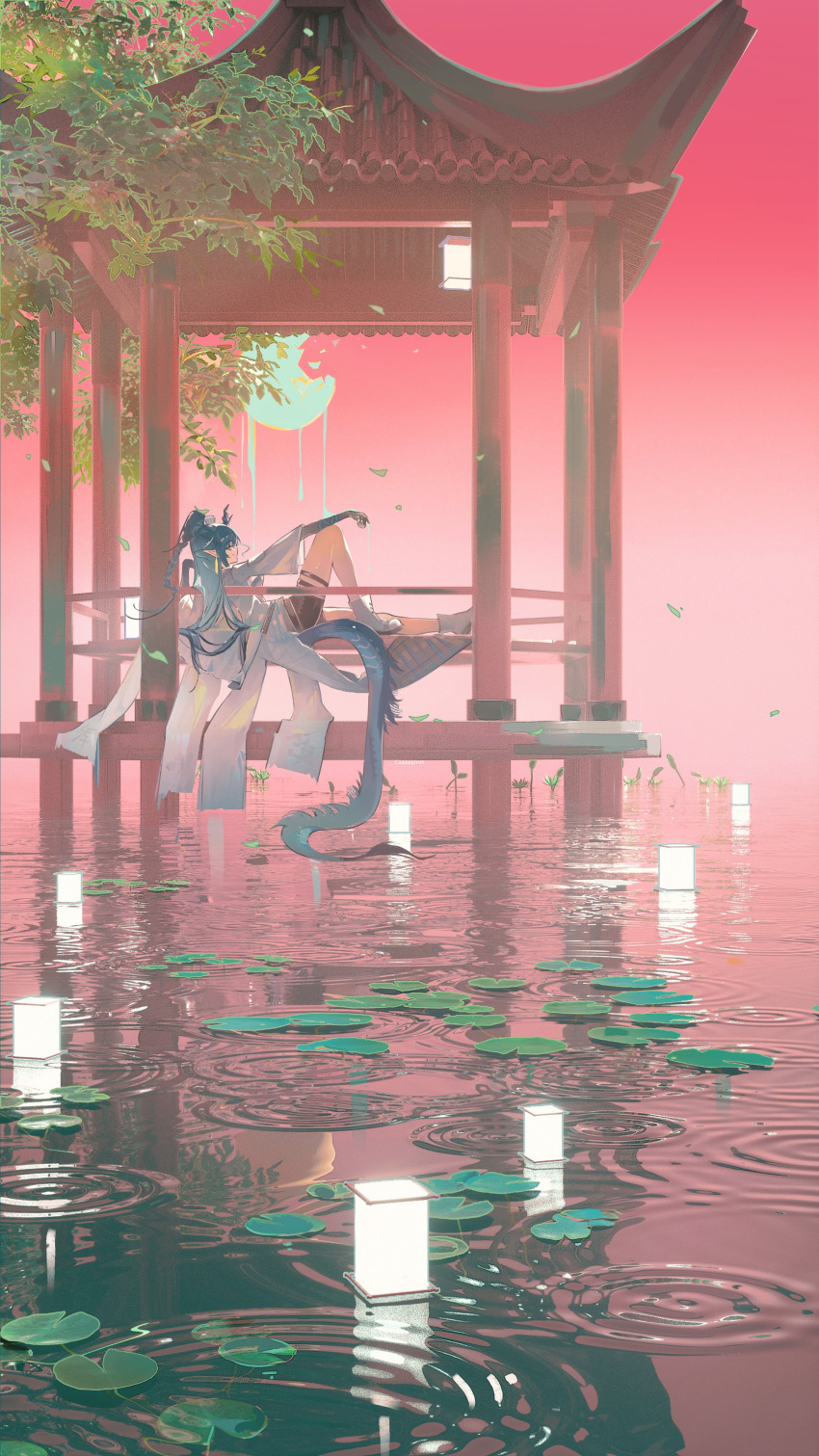 1girl absurdres architecture arknights arm_on_knee artist_name black_shorts blue_hair boots braid cattail coat cup east_asian_architecture highres holding holding_cup horns lake lantern leaf lily_pad ling_(arknights) long_hair looking_at_viewer lying moon paper_lantern pavilion plant pointy_ears red_theme reflection reflective_water shorts single_braid smile spill spilling tail toto_(caaaaarrot) tree water white_boots white_coat wide_sleeves