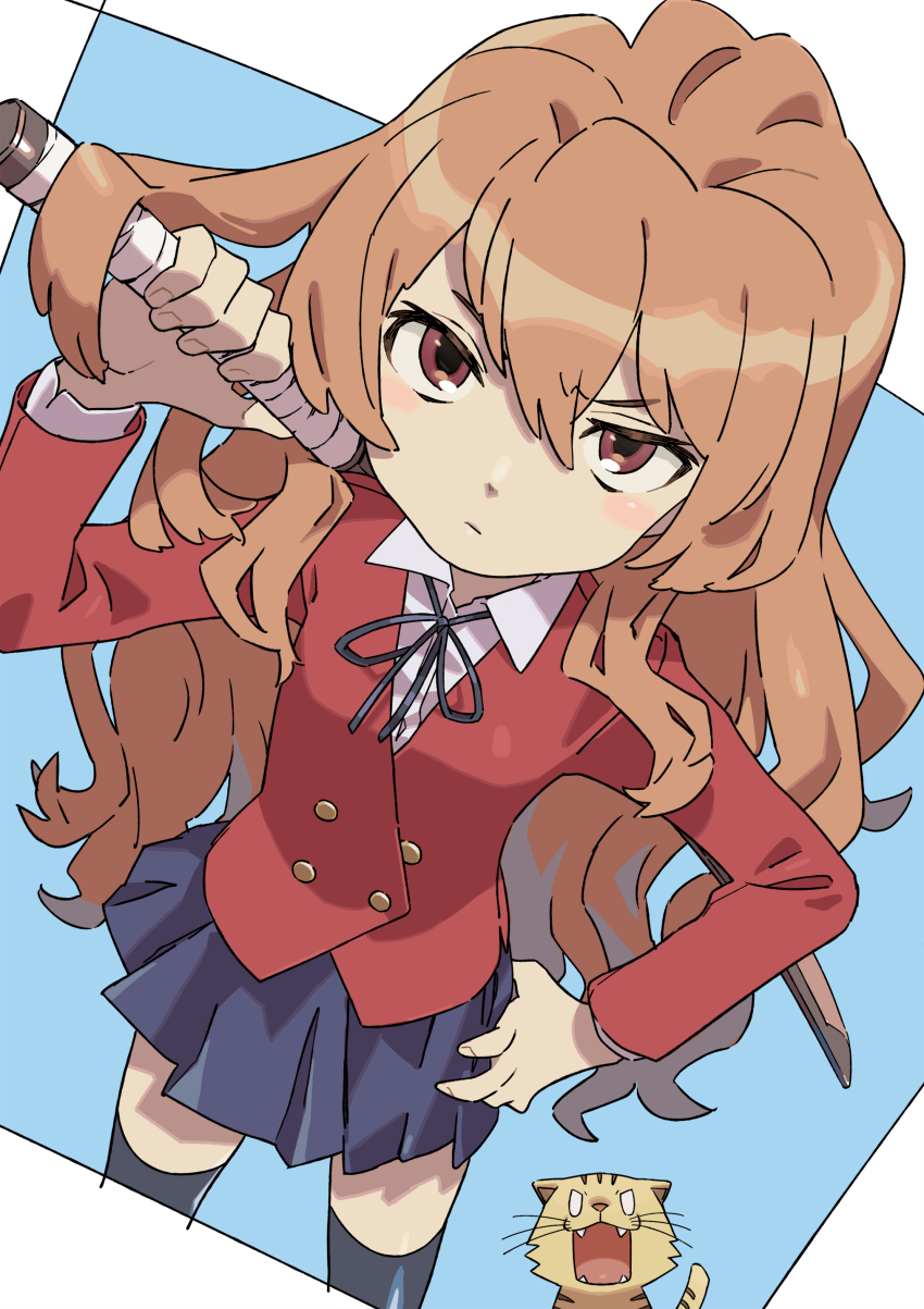 1girl absurdres aisaka_taiga black_ribbon black_thighhighs blue_background blue_skirt bokken brown_eyes brown_hair buttons closed_mouth collared_shirt donnpati double-breasted hair_between_eyes hand_on_own_hip highres jacket long_hair long_sleeves looking_at_viewer neck_ribbon oohashi_high_school_uniform palmtop_tiger pleated_skirt red_jacket ribbon school_uniform shirt skirt solo_focus sword thighhighs toradora! two-tone_background weapon white_background white_shirt wooden_sword zettai_ryouiki