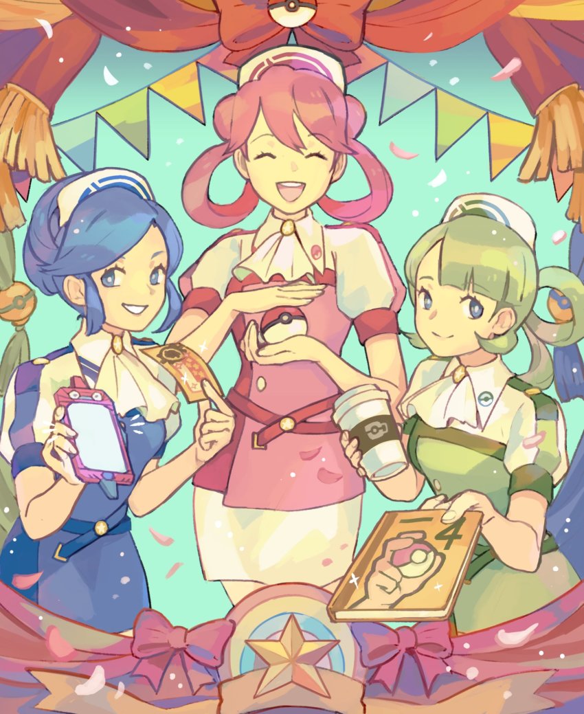 3girls :d ascot blue_eyes blue_hair book bright_pupils closed_eyes commentary cup disposable_cup eyelashes falling_petals hair_rings highres holding holding_book holding_cup holding_phone miyaulait multiple_girls nintendo notice_lines open_mouth petals phone pink_hair pokemon pokemon_masters_ex poryphone short_hair short_sleeves siblings sisters smile teeth ticket tongue tricia_(pokemon) trinnia_(pokemon) trista_(pokemon) upper_teeth_only white_ascot