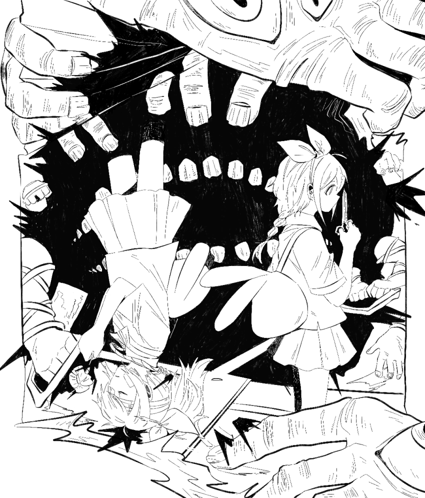 2girls animal_bag bandage_on_face bandaged_hand bandages bow braid closed_eyes eye_in_palm flower greyscale haru_(yomawari) highres holding holding_flower holding_scissors lineart monochrome multiple_girls pleated_skirt ponytail scissors shin_yomawari shirt shovel skirt starjinxin teeth yomawari_(series) yui_(yomawari)