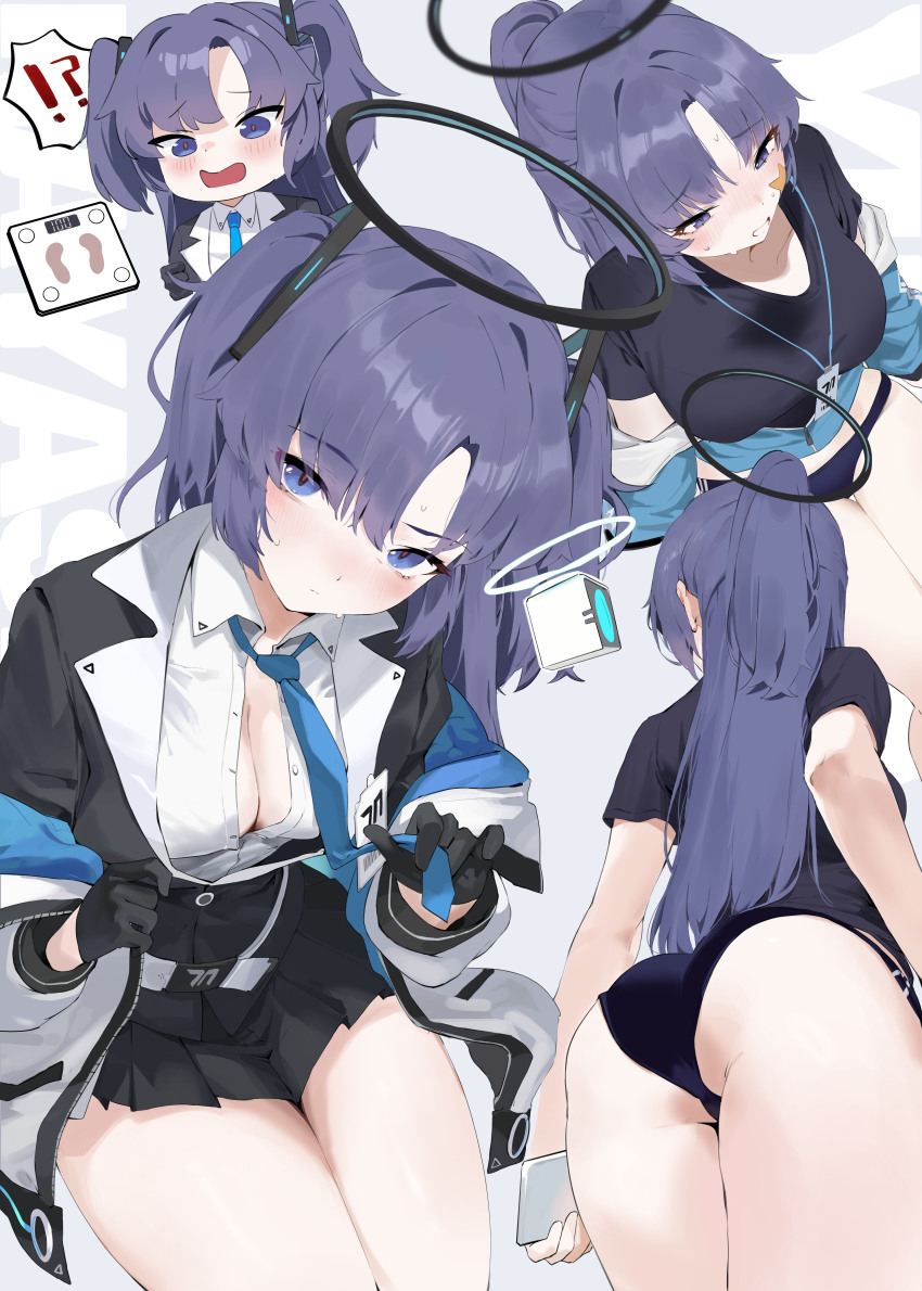 1girl absurdres ass black_gloves black_hair black_skirt blue_archive blue_necktie blush breasts cleavage closed_eyes closed_mouth collared_shirt drone flashing from_behind from_below gloves halo highres jacket long_hair looking_at_viewer medium_breasts multiple_views necktie official_alternate_costume open_clothes open_jacket open_mouth parted_lips pleated_skirt purple_eyes purple_hair sadan1317 school_uniform shirt skirt thighs underwear very_long_hair weighing_scale white_shirt yuuka_(blue_archive) yuuka_(track)_(blue_archive)