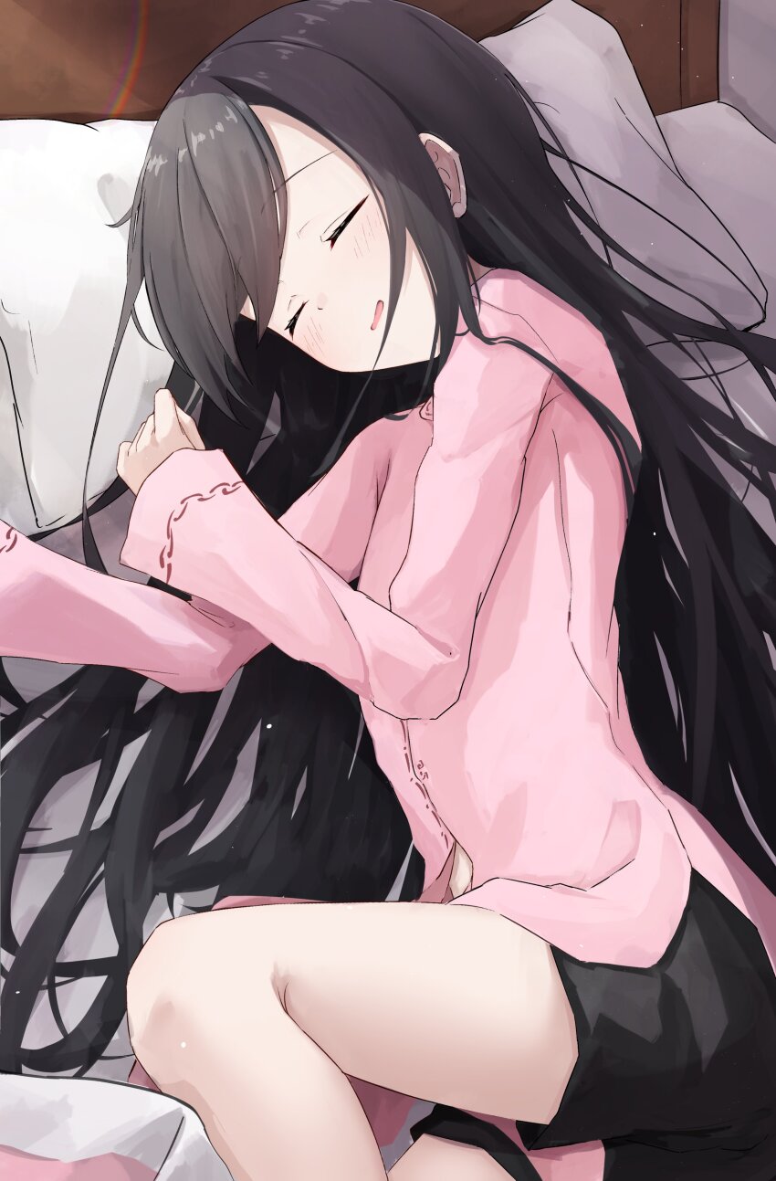 1girl absurdres alternate_costume black_hair black_shorts blush closed_eyes commentary cowboy_shot hair_spread_out head_on_pillow highres indoors knee_up lens_flare long_hair long_sleeves lying natsume_ai on_bed on_side open_mouth pajamas pillow pink_pajamas sakura_no_toki sakura_no_uta shorts sidelighting sleeping smile solo takoyaki032002 very_long_hair wide_sleeves