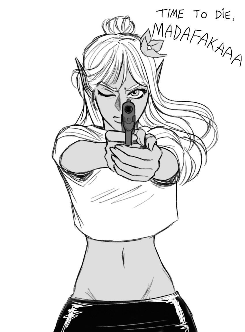 1girl absurdres azura black_pants crop_top cropped_shirt english_text flower gun hair_bun hair_flower hair_ornament handgun highres holding holding_gun holding_weapon looking_at_viewer midriff navel one_eye_closed pants pointing pointing_at_viewer aiming pointy_ears ratopomboart shirt solo the_elder_scrolls weapon white_shirt
