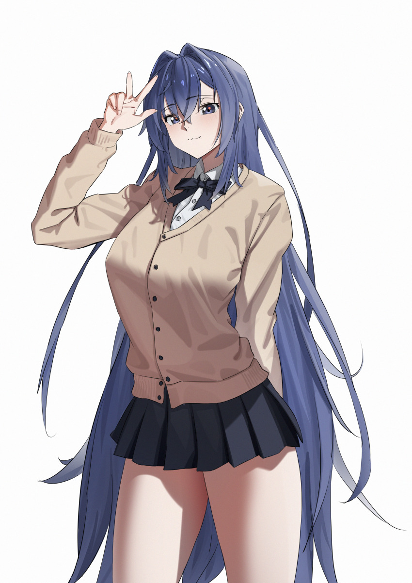 1girl absurdres alternate_costume azur_lane black_skirt blue_eyes blue_hair bow bowtie breasts brown_cardigan cardigan cy hair_down highres long_hair new_jersey_(azur_lane) pleated_skirt skirt solo v very_long_hair