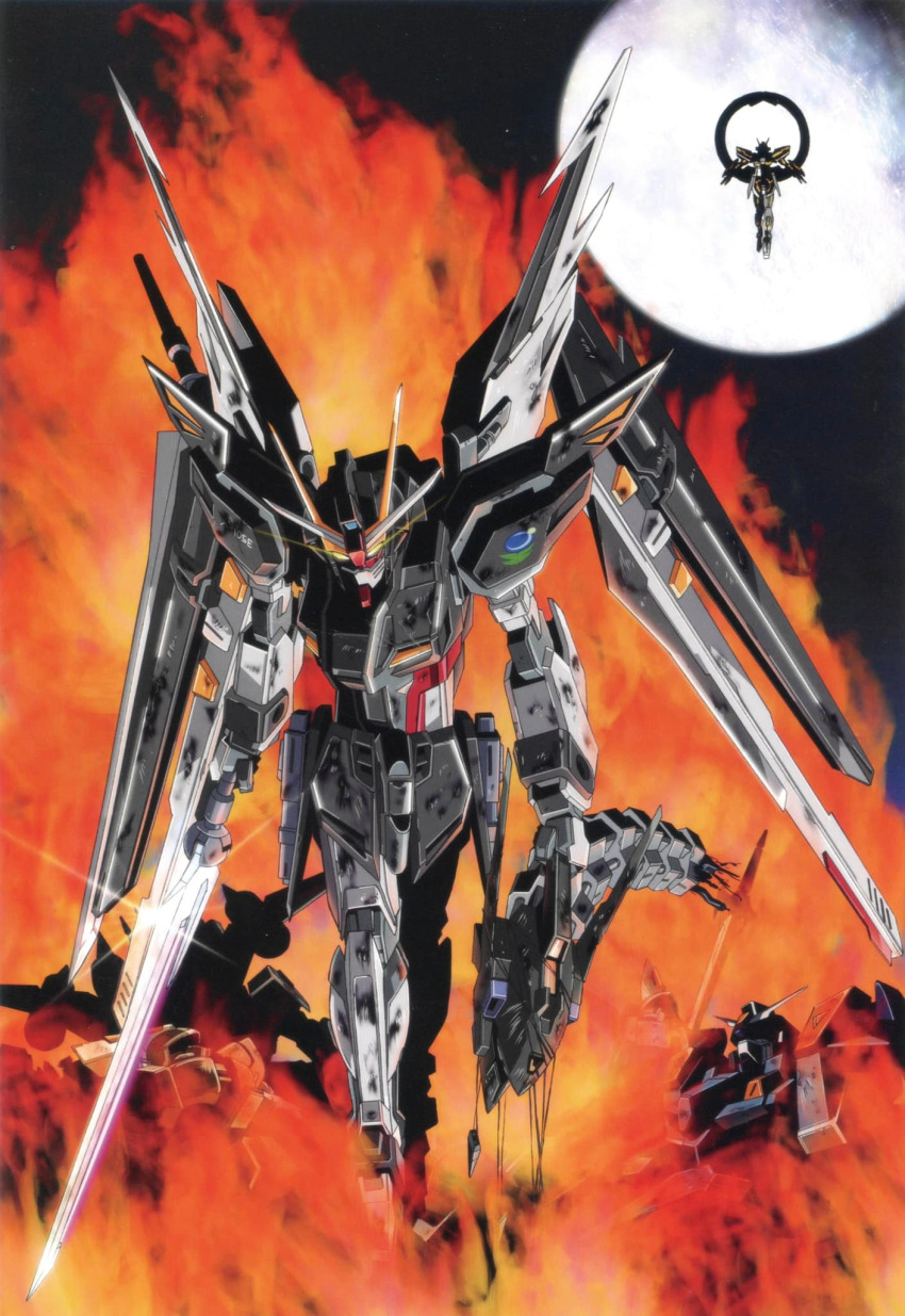 anti-ship_sword artist_request blu_duel_(mobile_suit) duel_gundam earth_alliance_(gundam_seed) energy_gun energy_sword fire ginn glowing glowing_eyes gun gundam gundam_seed gundam_seed_c.e._73:_stargazer gundam_stargazer highres holding holding_gun holding_sword holding_weapon kerberos_bucue_hound logo markings mecha mobile_suit moon no_humans official_art robot scan strike_gundam_e strike_noir sword third-party_source v-fin walking weapon