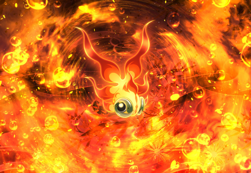 animal_focus black_eyes bright_pupils chi-yu_(pokemon) commentary_request fire fish full_body looking_at_viewer maiko_(mimi) nintendo no_humans pokemon pokemon_(creature) pokemon_focus solo white_pupils