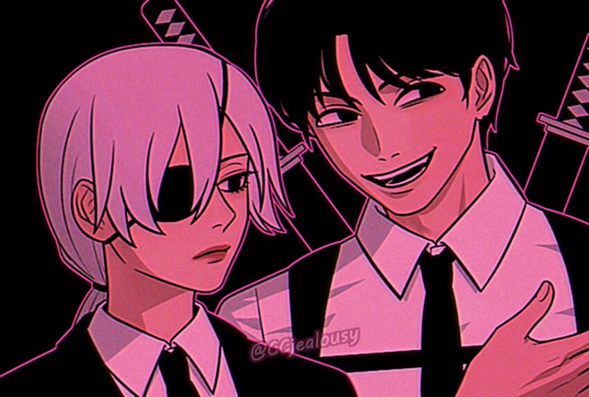 1boy 1girl black_eyes black_hair black_necktie black_suit chainsaw_man chromatic_aberration commentary czy_(2894456992) film_grain formal_clothes frown katana kishibe_(chainsaw_man) kishibe_(young)_(chainsaw_man) low_ponytail necktie open_mouth ponytail quanxi_(chainsaw_man) sheath sheathed smile suit suspenders sword sword_on_back twitter_username weapon weapon_on_back white_hair