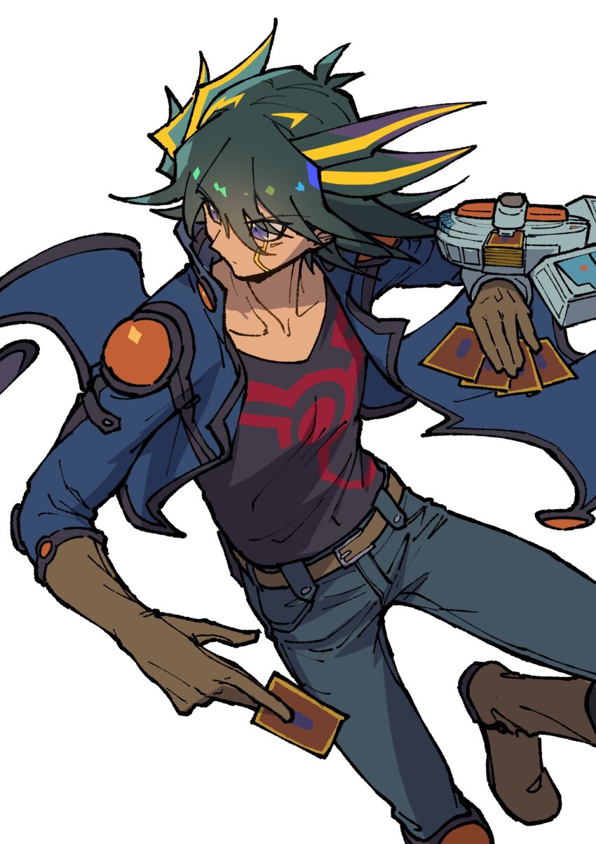 1boy black_hair black_shirt blonde_hair blue_jacket boots brown_boots brown_gloves card cowboy_shot deck_of_cards denim duel_disk fudo_yusei gloves highres holding holding_card jacket male_focus medium_hair multicolored_hair shirt simple_background solo spiked_hair streaked_hair trading_card two-tone_hair white_background youko-shima yu-gi-oh! yu-gi-oh!_5d&#039;s
