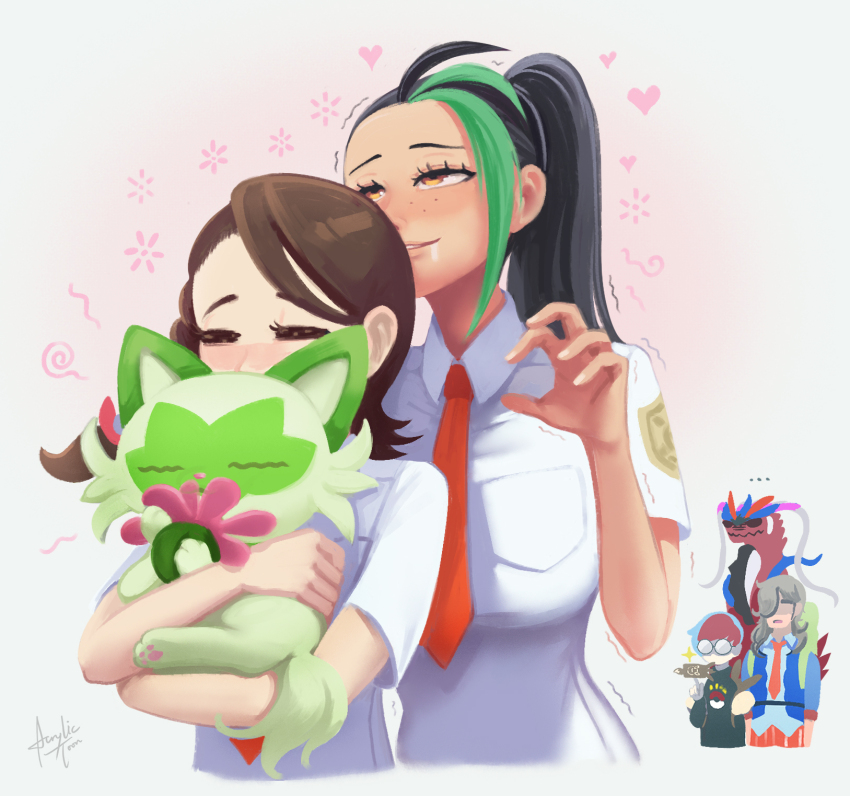 ... 1boy 3girls acrylictoon arven_(pokemon) blush brown_eyes brown_hair dark-skinned_female dark_skin drooling flower freckles gen_4_pokemon highres holding holding_pokemon juliana_(pokemon) koraidon multicolored_hair multiple_girls naranja_academy_school_uniform necktie nemona_(pokemon) nintendo orange_necktie penny_(pokemon) pokemon pokemon_(creature) pokemon_sv ponytail rolling_eyes rotom rotom_phone round_eyewear school_uniform smelling smelling_hair sprigatito streaked_hair trembling upper_body wavy_eyes you_gonna_get_raped yuri