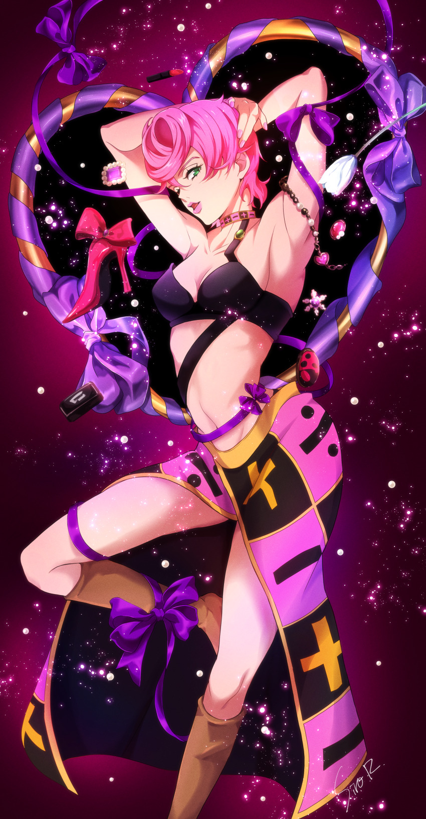 1girl absurdres arms_up black_shirt boots brown_boots collarbone division_sign eyelashes flower gem green_eyes green_lips high_heels highres jojo_no_kimyou_na_bouken light_particles looking_at_viewer midriff minus_sign navel open_mouth pearl_(gemstone) pink_hair pink_nails plus_sign purple_ribbon ribbon shirt shoes short_hair solo trish_una tulip unworn_shoes vento_aureo watawata_nr_(siroraku) white_flower white_tulip