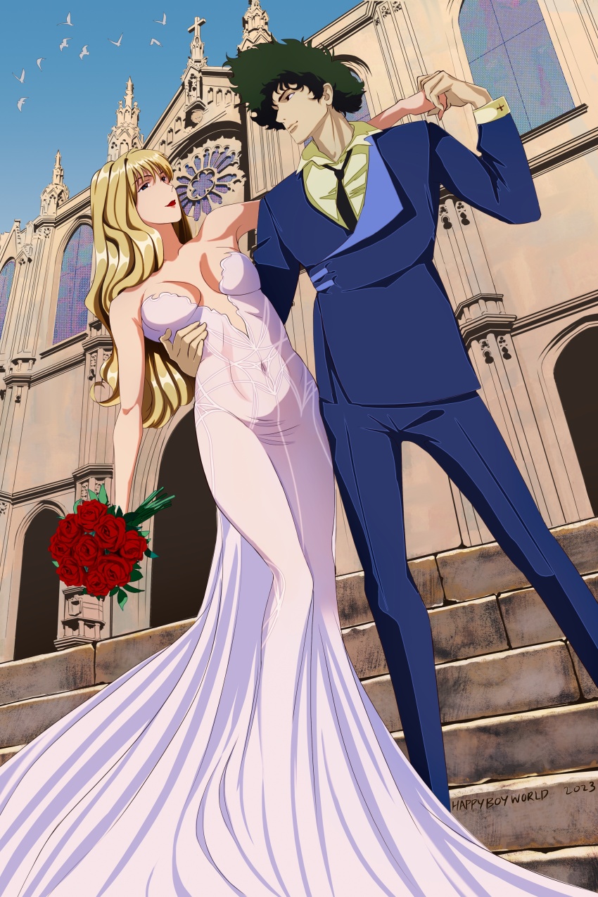 absurdres blonde_hair blue_eyes brown_eyes couple cowboy_bebop dress flower formal_clothes green_hair highres julia_(cowboy_bebop) lucyguusi necktie red_flower red_rose rose suit wedding wedding_dress