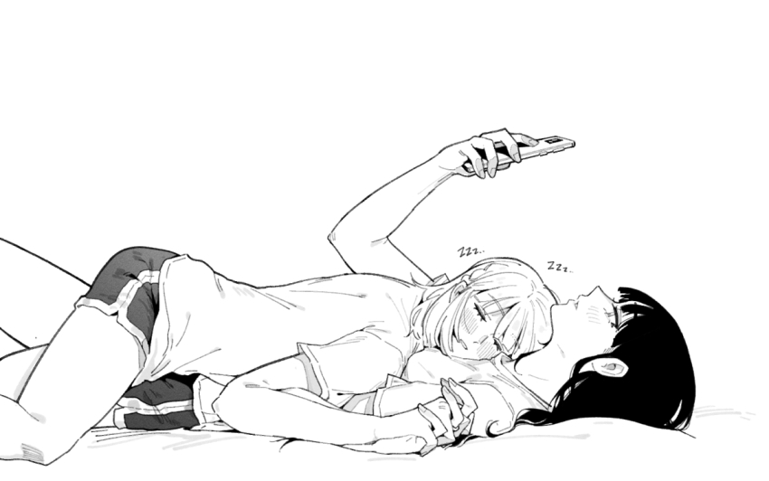 2girls blush braid cellphone closed_eyes female_commander_(girls&#039;_frontline) girls&#039;_frontline greyscale huqu long_hair lying monochrome multiple_girls on_back on_stomach phone rpk-16_(girls&#039;_frontline) short_hair shorts sleeveless smartphone yuri