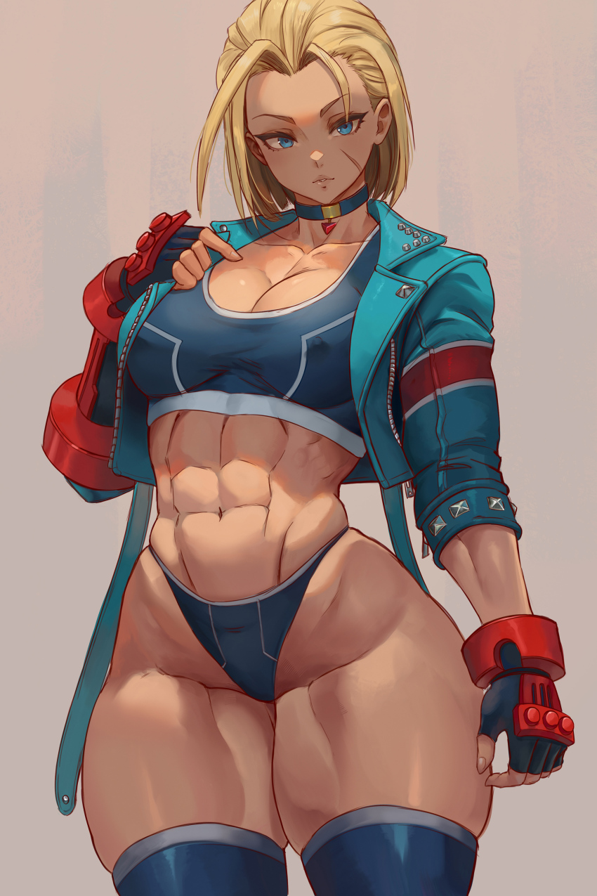 1girl abs absurdres adapted_costume alterlesott arm_at_side black_gloves blonde_hair blue_choker blue_eyes blue_jacket blue_panties blue_sports_bra blue_thighhighs breasts cammy_white choker cleavage covered_erect_nipples cowboy_shot cropped_jacket expressionless facial_scar fingerless_gloves fingernails gloves grey_background hand_up highleg highleg_panties highres jacket large_breasts long_fingernails long_sleeves looking_at_viewer muscular muscular_female navel open_clothes open_jacket panties parted_lips scar scar_on_cheek scar_on_face short_hair skindentation solo sports_bra standing street_fighter street_fighter_6 studded_jacket teeth thick_thighs thighhighs thighs underwear wide_hips zipper