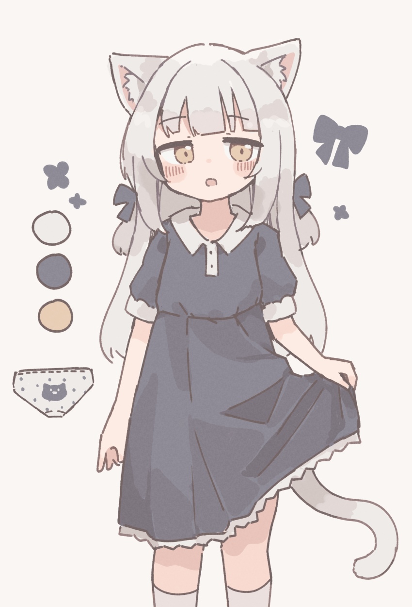 1girl absurdres animal_ear_fluff animal_ears animal_print black_bow black_dress blush bow bow_print cat_ears cat_girl cat_panties cat_print cat_print_panties cat_tail collared_dress colon_br dress feet_out_of_frame frilled_dress frills hair_bow highres long_hair no_nose open_mouth original panties polka_dot polka_dot_panties print_panties ribbon-trimmed_panties ribbon_trim simple_background socks solo tail two_side_up underwear unworn_panties white_background white_hair white_socks yellow_eyes