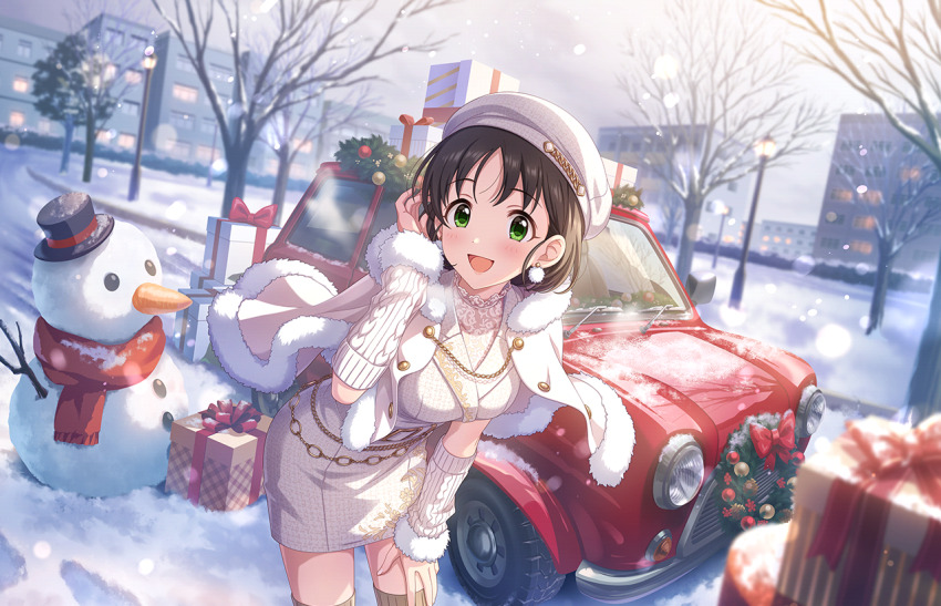 1girl bare_tree beret box car christmas christmas_wreath detached_sleeves dress earrings gift gift_box green_eyes hand_on_own_ear hand_on_own_thigh harada_miyo hat idolmaster idolmaster_cinderella_girls idolmaster_cinderella_girls_starlight_stage jewelry mantle mini_cooper motor_vehicle official_art puffy_sleeves red_car short_hair smile snow_on_hood snowing snowman thighhighs third-party_source tree white_dress wreath zettai_ryouiki