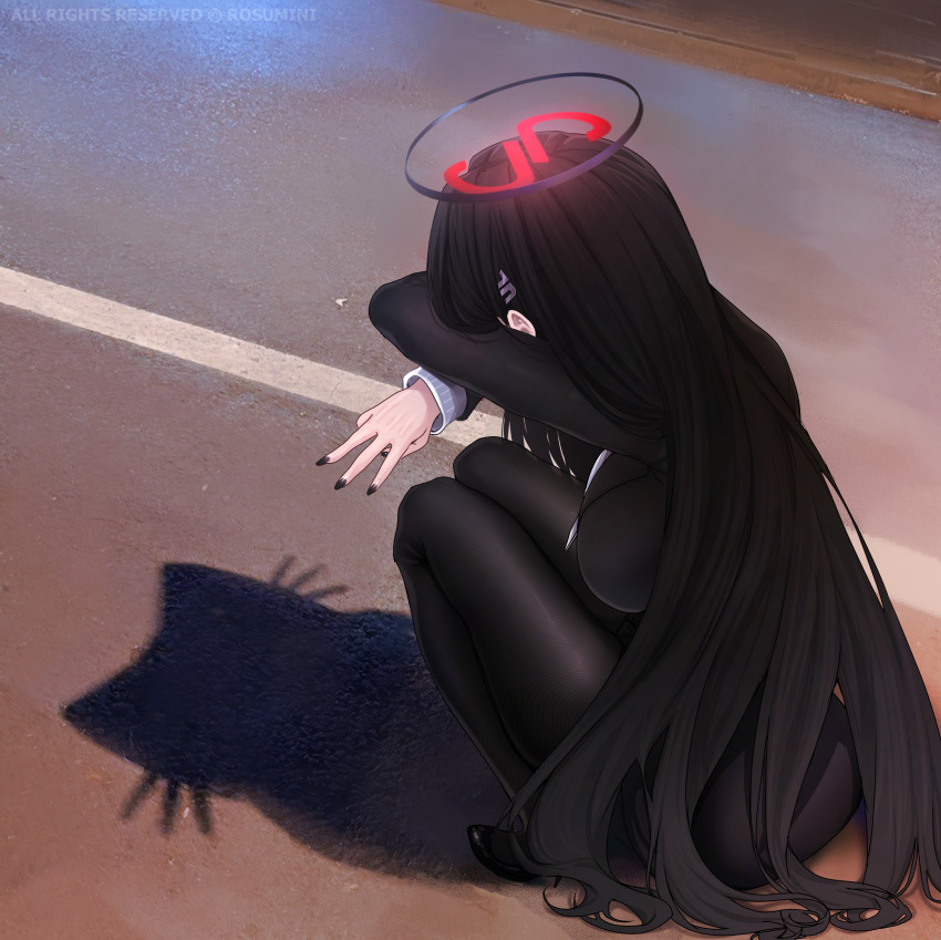 1girl absurdres black_hair black_pantyhose black_shoes blue_archive breasts cat_shadow_puppet_(meme) commentary english_commentary hair_ornament hairclip halo highres large_breasts long_hair meme pantyhose rio_(blue_archive) rosumini shoes sitting solo very_long_hair w