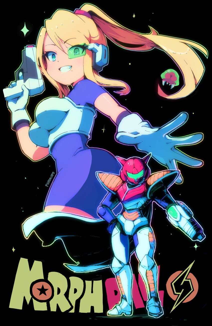 1girl absurdres arm_cannon armor ass assault_visor blonde_hair blue_eyes blush bodysuit breasts cheelai cheelai_(cosplay) cosplay dragon_ball dragon_ball_super english_text foxdropsdraws gun highres large_breasts long_hair looking_at_viewer metroid metroid_(creature) metroid_larva mole mole_under_mouth nintendo ponytail saiyan_armor samus_aran simple_background skin_tight smile solo weapon