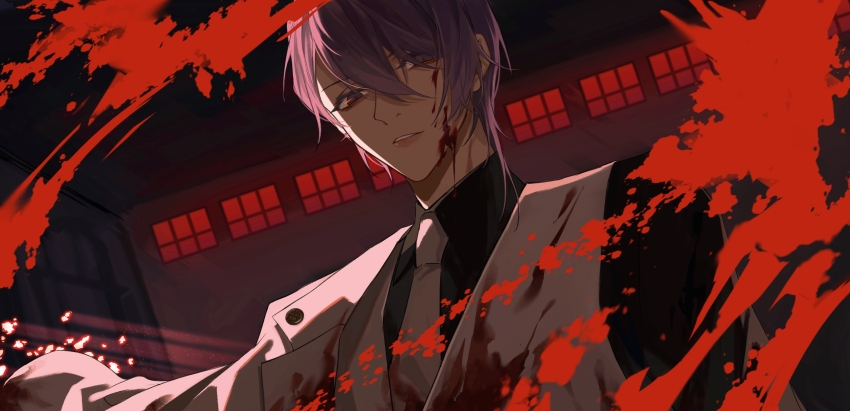 1boy absurdres arm_out_of_sleeve black_shirt blood blood_on_clothes blood_on_face blood_splatter collared_shirt expressionless giulio_di_bondone hair_behind_ear hair_between_eyes highres indoors jacket long_sleeves lucky_dog_1 male_focus mohexi459 necktie parted_lips purple_eyes purple_hair shirt short_hair solo upper_body vest white_jacket white_necktie white_vest window