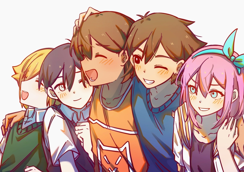 1girl 4boys :d ;d antenna_hair aqua_hairband arm_around_shoulder aubrey_(faraway)_(omori) aubrey_(omori) bailan1130 basil_(faraway)_(omori) basil_(omori) black_hair black_shirt black_sweater_vest blonde_hair blue_eyes blue_sweater blush bow_hairband breasts bright_pupils brothers brown_eyes brown_hair chinese_commentary clenched_hand closed_mouth collarbone collared_shirt commentary_request dark-skinned_male dark_skin double-parted_bangs green_sweater_vest grey_background grey_eyes grin hair_behind_ear hair_between_eyes hairband hand_on_another&#039;s_head hand_on_own_chest hand_on_own_shoulder hand_up hero_(faraway)_(omori) hero_(omori) highres jacket kel_(faraway)_(omori) kel_(omori) long_hair looking_ahead looking_at_another lower_teeth_only multiple_boys omori one_eye_closed open_clothes open_jacket open_mouth orange_tank_top pale_skin pink_hair profile sailor_collar shirt short_hair short_sleeves siblings sidelocks simple_background small_breasts smile straight_hair sunny_(omori) sweater sweater_vest tank_top teeth tongue upper_body upper_teeth_only v-shaped_eyebrows very_short_hair white_jacket white_pupils white_shirt yellow_sailor_collar