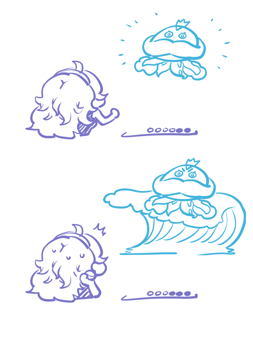 1girl ahoge from_behind gameplay_mechanics gen_5_pokemon hex_maniac_(pokemon) highres holding holding_poke_ball jellicent jellicent_(male) john_(a2556349) messy_hair nintendo one-piece_swimsuit poke_ball pokemon pokemon_(creature) pokemon_xy sweatdrop swimsuit tidal_wave