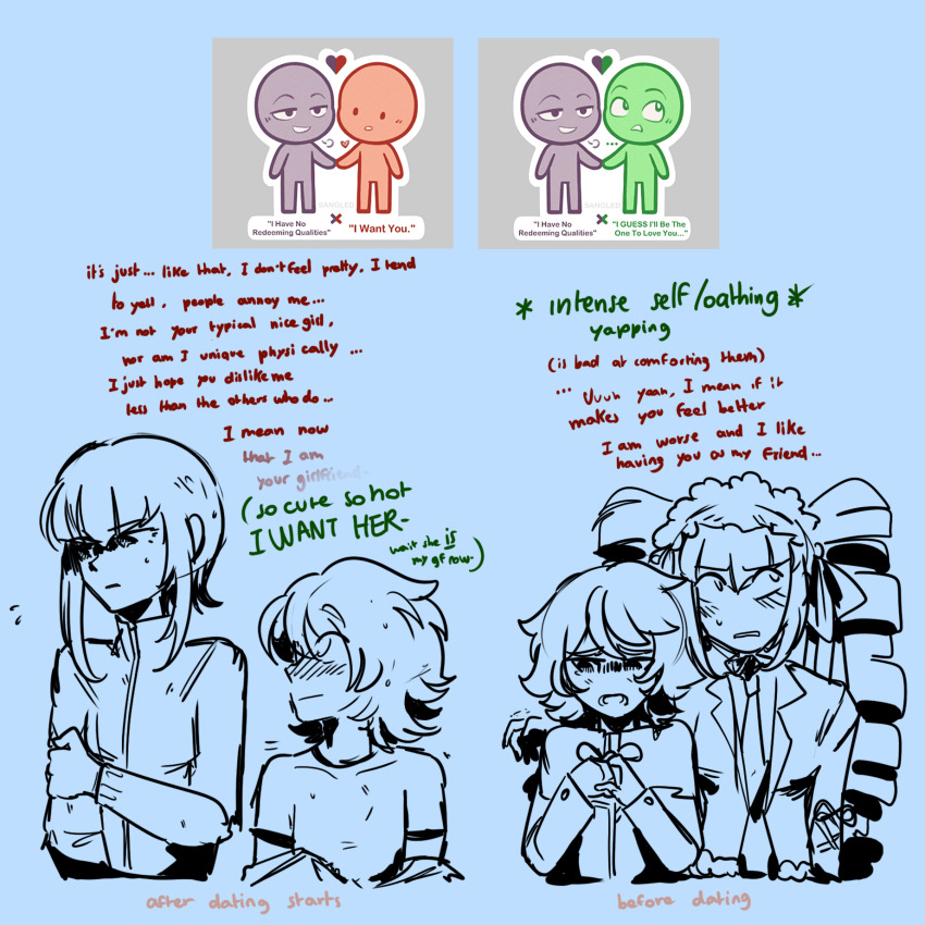 1boy 1girl blush celestia_ludenberg danganronpa:_trigger_happy_havoc danganronpa_(series) english_text fujisaki_chihiro hands_up heart highres long_sleeves looking_at_another lower_teeth_only official_alternate_hair_length official_alternate_hairstyle short_hair short_sleeves smile teeth twinklelitchii twintails upper_body