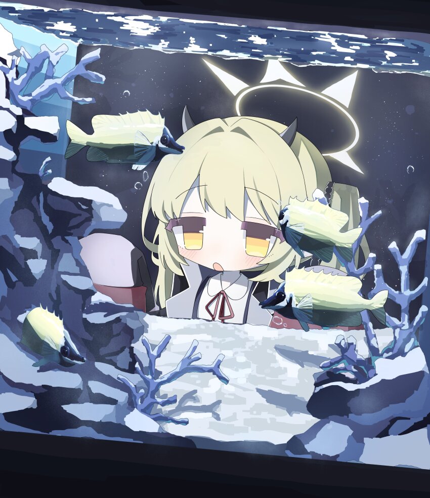 1girl absurdres black_coat black_horns black_ribbon blonde_hair blue_archive blush coat commentary fish fish_tank hair_between_eyes hair_ribbon halo highres horns ibuki_(blue_archive) long_hair long_sleeves red_ribbon ribbon shigure_(hggk2544) side_ponytail sleeves_past_fingers sleeves_past_wrists solo water yellow_eyes