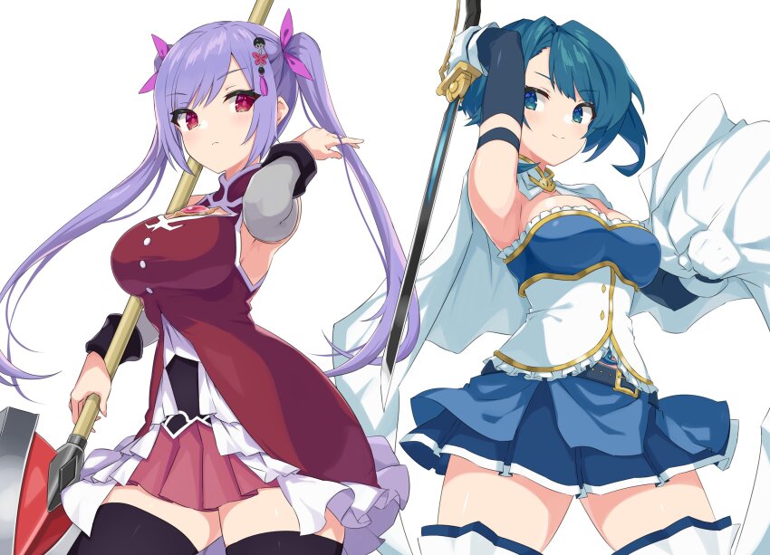 &gt;:) 2girls aizawa_kazuha arm_up assault_lily asymmetrical_hair belt belt_buckle black_belt black_thighhighs blue_eyes blue_hair blue_shirt blue_skirt breasts buckle cape clenched_hand closed_mouth commentary_request cosplay cowboy_shot detached_sleeves dress frilled_dress frilled_shirt_collar frills gloves gold_trim hair_flip hair_ornament hair_ribbon hand_up highres holding holding_polearm holding_sword holding_weapon light_blush long_hair long_sleeves looking_at_viewer mahou_shoujo_madoka_magica mahou_shoujo_madoka_magica_(anime) matsumura_fuuka medium_breasts midriff_peek miki_sayaka miki_sayaka_(cosplay) miki_sayaka_(magical_girl) miniskirt multiple_girls pera pink_ribbon pleated_skirt polearm purple_hair red_dress red_eyes red_skirt ribbon sakura_kyoko sakura_kyoko_(cosplay) sakura_kyoko_(magical_girl) shirt short_dress short_hair sideboob simple_background skirt skirt_under_dress sleeveless sleeveless_dress smile soul_gem spear standing strapless strapless_shirt swept_bangs sword tassel tassel_hair_ornament thighhighs twintails two-tone_shirt v-shaped_eyebrows weapon white_background white_cape white_gloves white_shirt white_thighhighs zettai_ryouiki