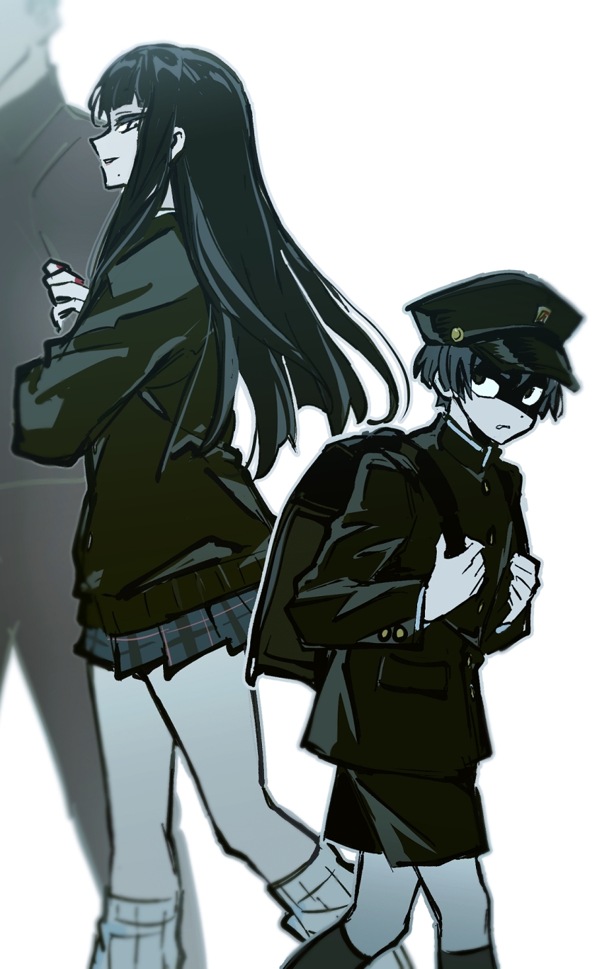 1boy 1girl alternate_costume asahi_sas_brutus backpack bag black_eyes black_hair black_headwear black_jacket black_shorts black_skirt black_socks blunt_bangs brother_and_sister buttons chinese_commentary collared_jacket commentary_request eye_contact feet_out_of_frame final_fantasy final_fantasy_xiv from_side gakuran grey_eyes highres holding_strap hyur jacket leg_warmers long_hair long_sleeves looking_at_another looking_back mole mole_under_mouth monochrome nail_polish parted_lips plaid_clothes plaid_skirt profile red_nails school_uniform shaded_face short_hair shorts siblings simple_background skirt smile socks spot_color straight_hair walking white_background wuliu_heihuo yotsuyu_goe_brutus