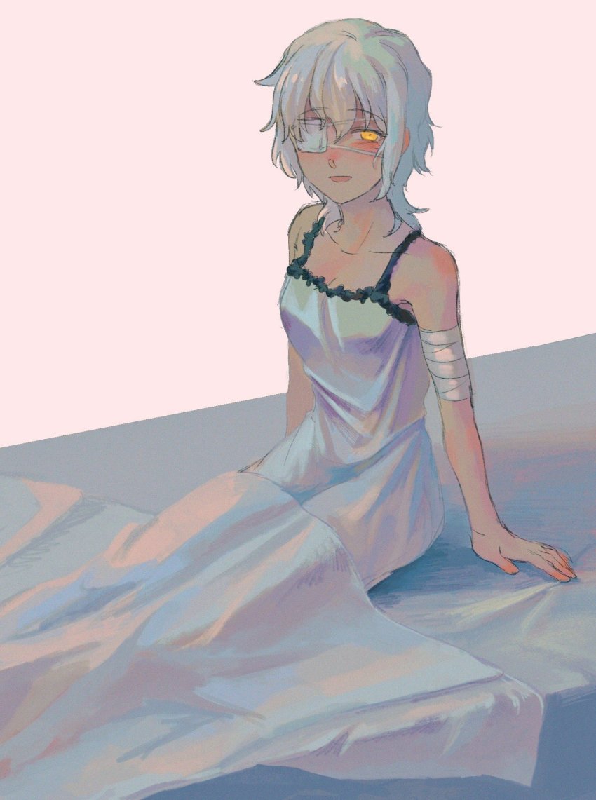 1girl 64kawa4 babydoll bandages bandaged_arm bandages blanket blush claudia_hortensia dress eyepatch fate/stay_night fate_(series) highres looking_at_viewer short_hair sitting solo spaghetti_strap under_covers wavy_hair white_dress white_hair yellow_eyes