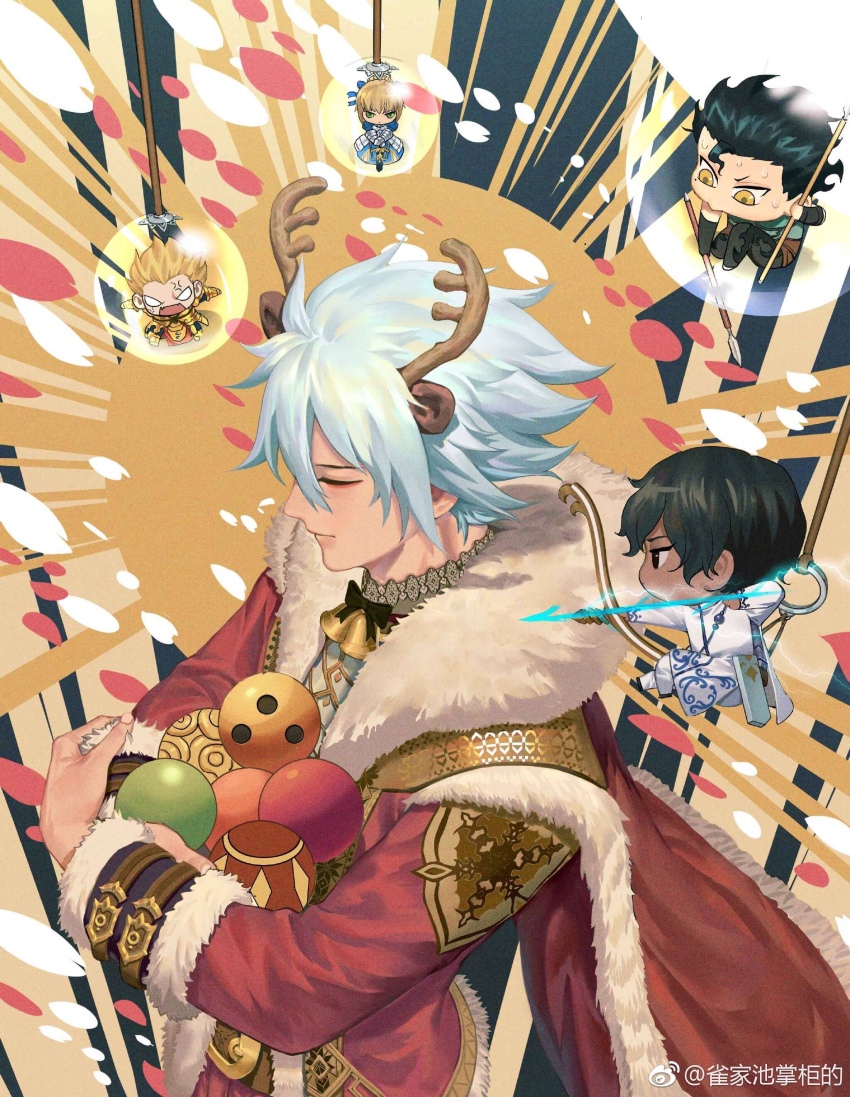 1girl 4boys absurdres antlers arjuna_(fate) armor artoria_pendragon_(fate) belt bow_(weapon) cape carrying chibi closed_mouth dark-skinned_male dark_skin diarmuid_ua_duibhne_(fate) diarmuid_ua_duibhne_(lancer)_(fate) fake_antlers fate_(series) gilgamesh_(fate) gold_armor gold_trim highres holding holding_bow_(weapon) holding_polearm holding_weapon horns iketsumi karna_(fate) multiple_boys pants parted_lips polearm red_cape red_robe reindeer_antlers robe saber_(fate) shirt weapon white_hair white_pants white_shirt white_trim