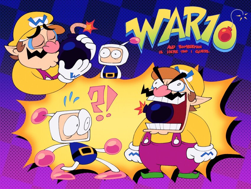 !? ._. 2boys big_nose biting blue_eyeshadow bomb bomberman commentary covered_mouth english_commentary english_text explosive eyeshadow facial_hair gloves hat highres kiss lumspark makeup male_focus mario_(series) multiple_boys mustache nintendo overalls pointy_ears surprised wario wario_blast white_bomberman white_gloves yaoi