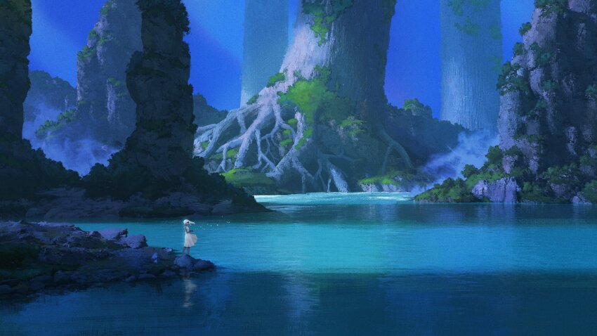 1girl dress fujidora_jp highres lake nature scenery standing tree white_dress white_hair