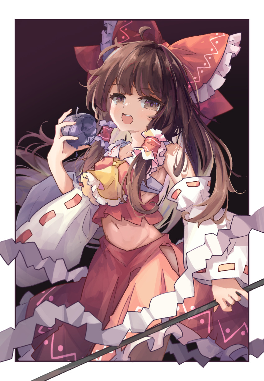 1girl apple ascot bow breasts brown_eyes brown_hair chest_sarashi commentary_request detached_sleeves food frilled_bow frilled_hair_tubes frills fruit gohei hair_bow hair_tubes hakurei_reimu highres hip_vent holding holding_food holding_fruit holding_gohei long_hair looking_at_viewer midriff multi-source_commentary navel open_mouth primsla red_bow red_skirt ribbon-trimmed_sleeves ribbon_trim sarashi sideboob skirt skirt_set solo touhou yellow_ascot