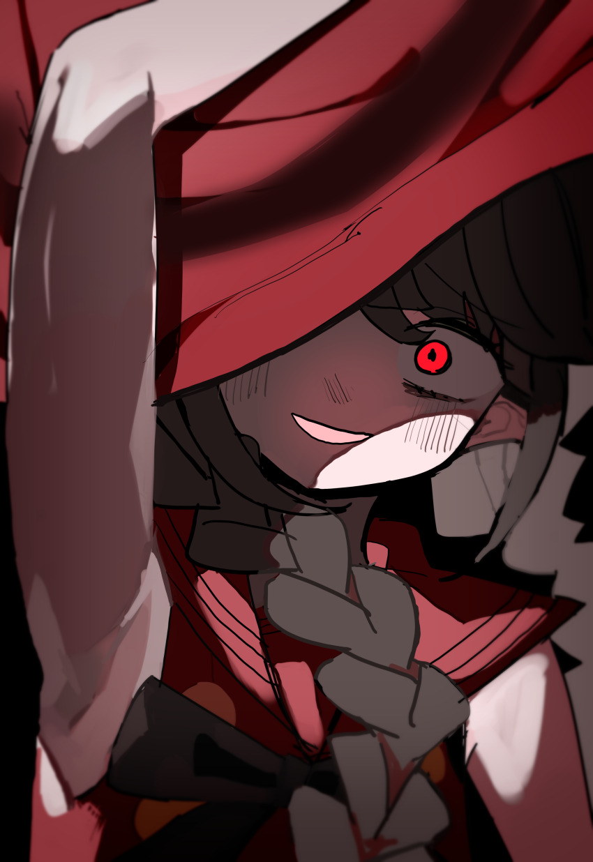 absurdres arm_up black_bow black_bowtie bow bowtie braid brown_hair colored_skin funamusea glowing glowing_eye hat hat_over_one_eye highres long_hair looking_at_viewer nail_polish oounabara_to_wadanohara open_mouth oyumeno pointy_ears red_eyes red_hat red_sailor_collar red_shirt sailor_collar shaded_face shirt sidelocks sleeveless sleeveless_shirt twin_braids wadanohara wadanohara_(red_sea) white_skin