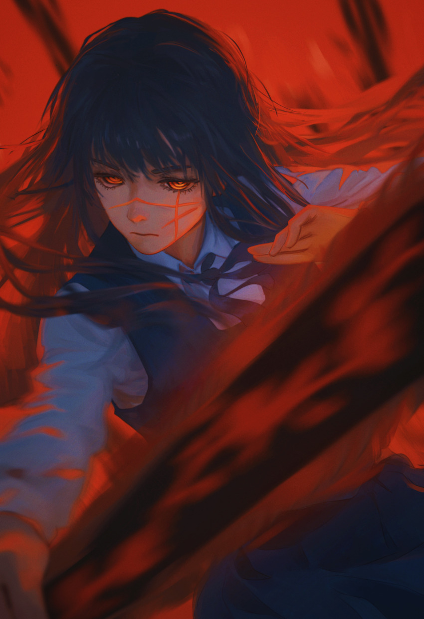 1girl absurdres black_dress black_hair blue_ribbon blue_shirt chainsaw_man chinese_commentary closed_mouth commentary_request cowboy_shot dark dress highres long_dress looking_at_viewer neck_ribbon orange_eyes pinafore_dress red_background ribbon ringed_eyes scar scar_on_face shirt sleeveless sleeveless_dress solo white_shirt yao_liao_wang yoru_(chainsaw_man)