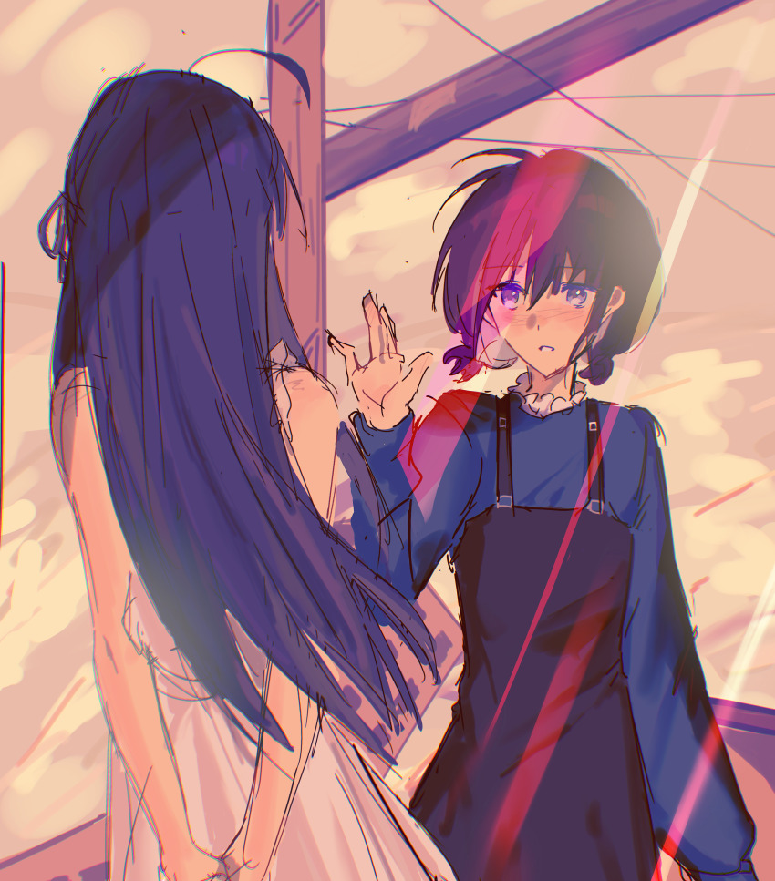 2girls absurdres ahoge arms_behind_back awa_subaru black_hair black_overalls blue_eyes blue_sweater blush brown_hair dress girls_band_cry hair_ribbon highres iseri_nina long_hair low_twintails multiple_girls open_mouth overalls qiansefeihe ribbon short_hair short_twintails sleeveless sleeveless_dress sweater twintails white_dress