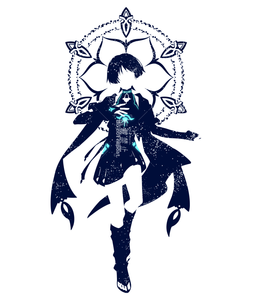 1boy blunt_ends bodysuit bridal_gauntlets faceless faceless_male facing_viewer furisode genshin_impact glowing_markings hag_(hag_015) hakama hakama_shorts halo halo_behind_head hand_on_own_chest hand_up head_tilt highres hip_vent japanese_clothes kimono leg_warmers male_focus mandarin_collar outstretched_arm pleated_shorts sandals scaramouche_(genshin_impact) short_sleeves shorts shoulder_peek solo twitter_username wanderer_(genshin_impact) watermark white_background wispy_bangs zouri