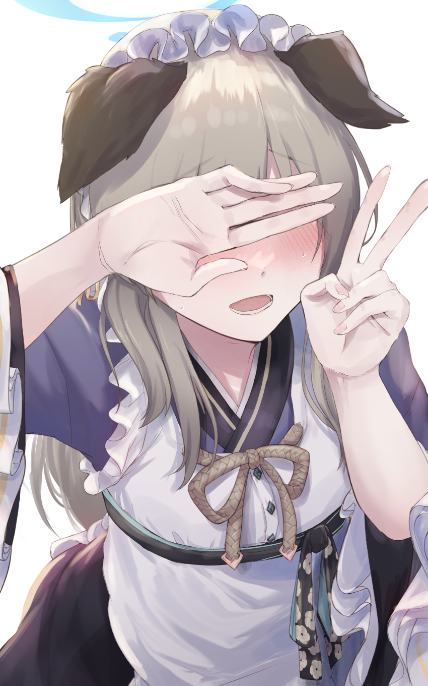 1girl :d absurdres animal_ears apron black_kimono blue_archive blue_halo blush commentary_request commission covering_face cowboy_shot dog_ears dog_girl facing_viewer fingernails floppy_ears frilled_apron frilled_sleeves frills grey_hair halo hand_over_face hands_up highres japanese_clothes kimono long_hair long_sleeves lower_teeth_only maid maid_apron maid_headdress open_hand open_mouth shitsugaikotsu simple_background skeb_commission smile solo straight_hair sweatdrop teeth umika_(blue_archive) v wa_maid white_apron white_background wide_sleeves
