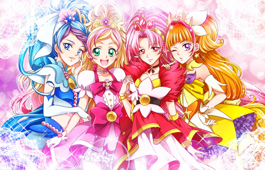 4girls akagi_towa amanogawa_kirara belt bow bracelet cure_flora cure_mermaid cure_scarlet cure_twinkle detached_sleeves earrings go!_princess_precure haruno_haruka jewelry kaidou_minami long_hair magical_girl multiple_girls pink_hair precure red_eyes skirt smile waist_bow warabi_(waradoko)