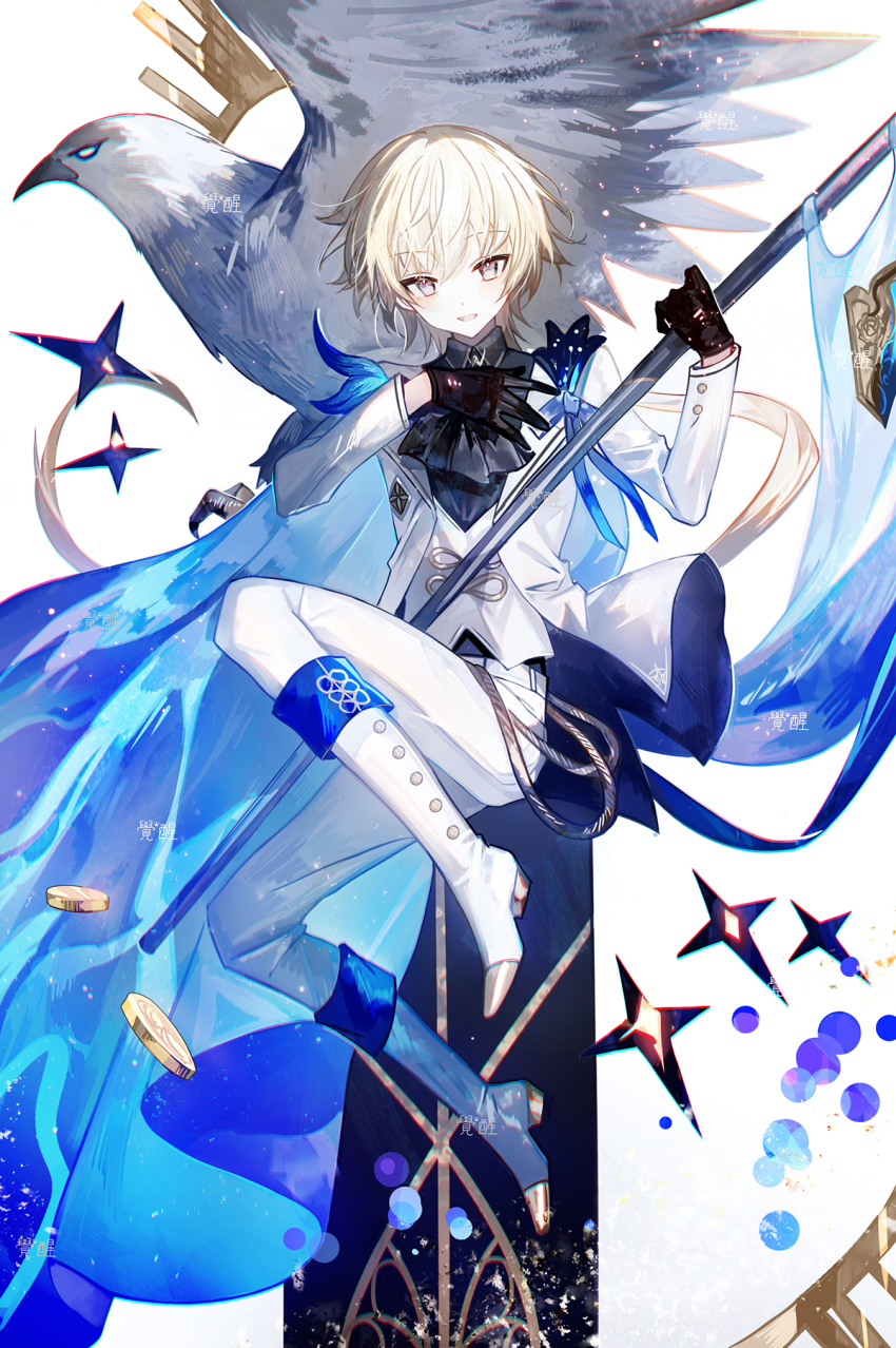 1boy ascot bird black_ascot black_gloves black_shirt blonde_hair blush boots brown_eyes eagle flag full_body gloves highres holding holding_flag jacket juexing_(moemoe3345) male_focus open_mouth original pants shirt short_hair solo star_(symbol) vest white_boots white_jacket white_pants white_vest