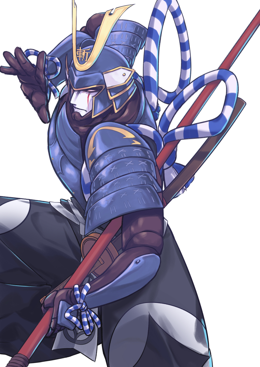 absurdres armor blue_armor daisi_gi fate/grand_order fate_(series) grey_pants hakama hakama_pants helmet highres japanese_armor japanese_clothes kote pants polearm robot rope shoulder_armor sode solo spear weapon zanzaburou_(fate)