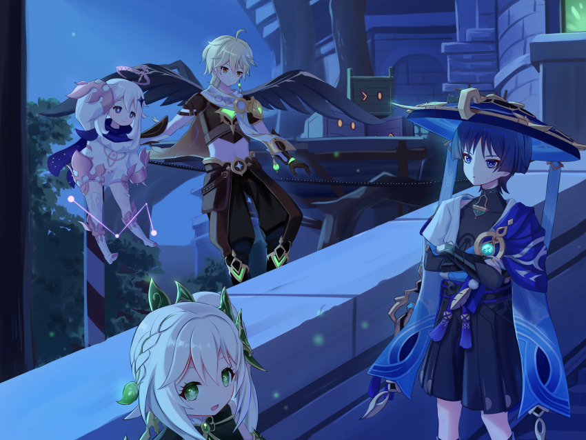 2boys 2girls aether_(genshin_impact) ahoge anemo_symbol_(genshin_impact) animal_print aqua_gemstone arm_at_side armor belt bird_print black_belt black_bodysuit black_bow black_bridal_gauntlets black_eyes black_gloves black_hair black_pants black_scarf black_shorts black_wings blonde_hair blue_cape blue_hat blue_kimono blue_sleeves blunt_ends bodysuit boots bow bridal_gauntlets bright_pupils brown_eyes brown_shirt cape castle clear_sky closed_mouth column covered_collarbone crate crop_top cropped_shirt crossed_arms detached_sleeves diamond_hair_ornament dilated_pupils earrings eyelashes eyeliner eyeshadow floating fortress furisode gem genshin_impact gloves glowing_gem gold gold_ring green_eyes green_gemstone green_hair green_sleeves hair_between_eyes hair_ornament hakama hakama_shorts half_crown_braid han&#039;eri hand_on_own_arm hat highres japanese_armor japanese_clothes jewelry jingasa kimono knee_boots kote kouge_kurame kurokote layered_kimono layered_sleeves leaf leaf_hair_ornament levitation long_hair long_sleeves looking_at_another low-braided_long_hair low-tied_long_hair makeup mandarin_collar middle_ring midriff multicolored_hair multiple_boys multiple_girls nahida_(genshin_impact) night night_sky open_clothes open_kimono open_mouth outstretched_arm paimon_(genshin_impact) pants pillar pleated_shorts pointy_ears purple_eyes purple_rope purple_sash red_eyeliner red_eyeshadow ringed_eyes rope sash scaffolding scaramouche_(genshin_impact) scarf shirt short_sleeves shorts shoulder_peek side_ponytail sidelighting sidelocks single_thighhigh sky smile streaked_hair tareme tassel thighhighs tree tsurime vambraces vision_(genshin_impact) wanderer_(genshin_impact) white_boots white_hair white_kimono white_pupils white_romper white_sleeves white_trim wings wispy_bangs