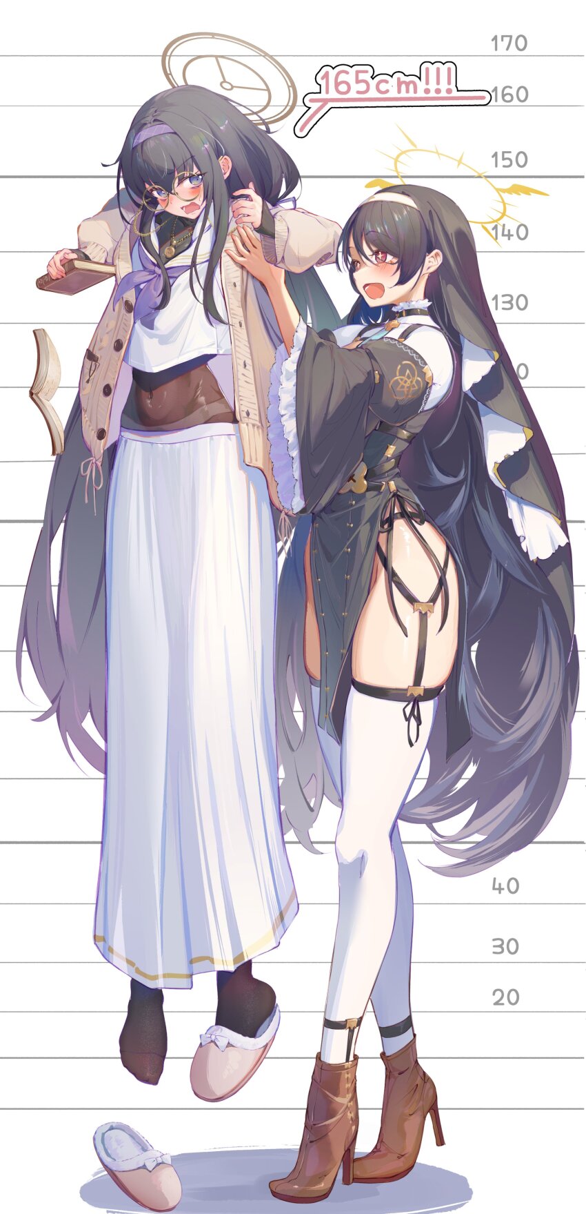 +_+ 2girls absurdres ankle_boots black_dress black_hair blue_archive blush bodystocking book boots brown_boots brown_cardigan brown_halo cardigan coif commentary_request dress eyewear_strap garter_straps glasses hair_between_eyes hairband halo height height_chart high_heel_boots high_heels highres hinata_(blue_archive) holding holding_book jewelry lifting_person long_hair long_skirt long_sleeves looking_at_another multiple_girls navel neckerchief necklace nun open_cardigan open_clothes open_mouth panties pelvic_curtain pleated_skirt puffy_long_sleeves puffy_sleeves purple_eyes purple_hairband purple_neckerchief red_eyes round_eyewear sailor_collar school_uniform serafuku shirt shoe_loss skirt slippers small_sweatdrop standing syafa thighhighs ui_(blue_archive) underwear v-shaped_eyebrows very_long_hair white_sailor_collar white_serafuku white_shirt white_skirt white_thighhighs winged_halo yellow-framed_eyewear yellow_halo