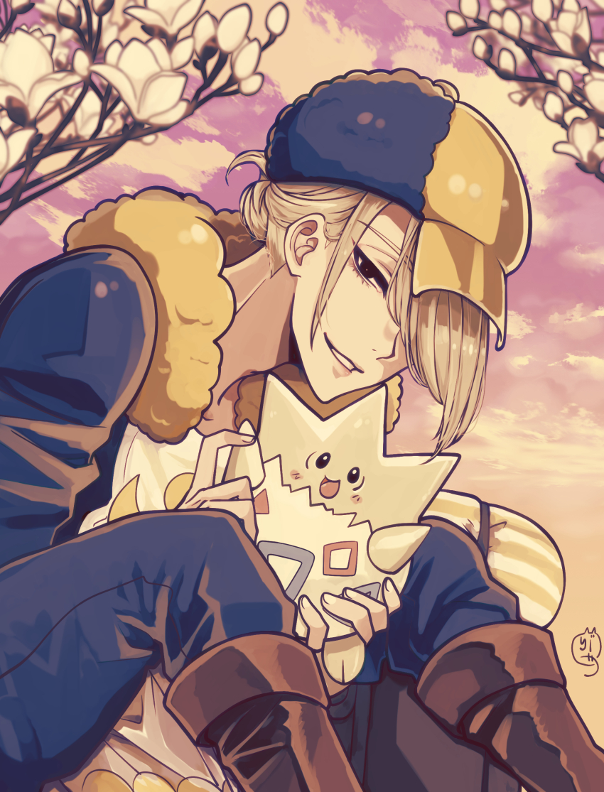 1boy absurdres blonde_hair brown_footwear day flower fur_trim gen_2_pokemon hair_over_one_eye hat highres male_focus nekominaminoriya nintendo outdoors pokemon pokemon_(creature) pokemon_legends:_arceus short_hair sitting smile togepi volo_(pokemon)